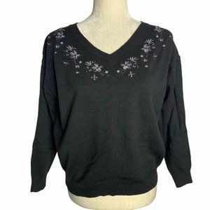 Earth Music Ecology Embroidered Sweater S Black Beaded Floral Long Sleeve Knit